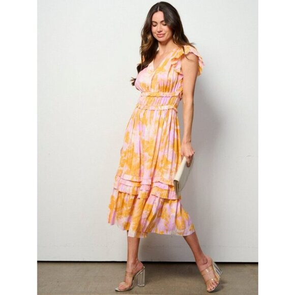 💕CURRENT AIR💕 Ruffle Sleeve V-Neck Elastic Waist Dress Floral Print Large NWT - Picture 3 of 16